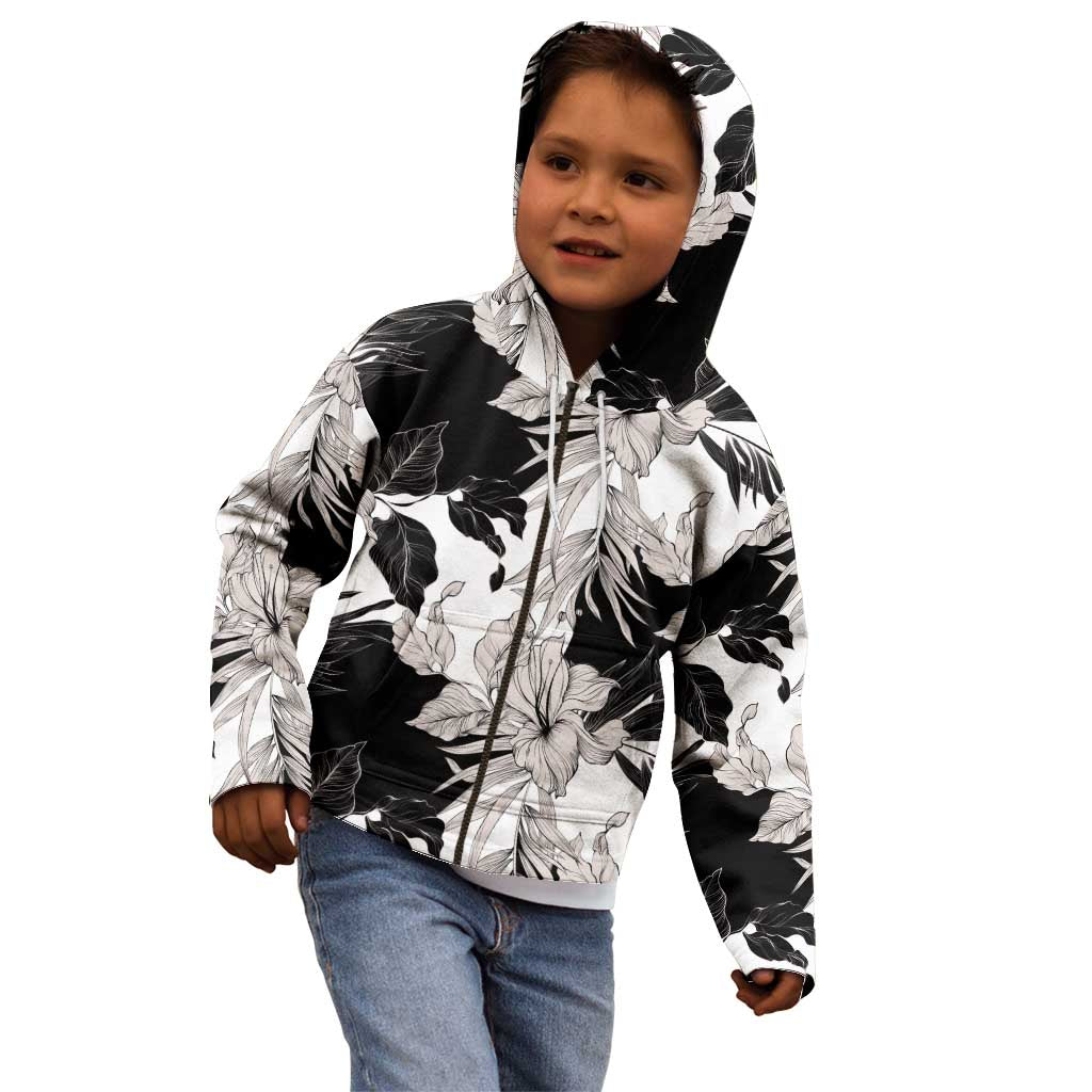 Black White Monotone Tropical Flowers Pattern Kid Hoodie - Polynesian Pride