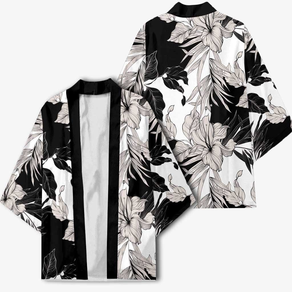 Black White Monotone Tropical Flowers Pattern Kimono - Polynesian Pride