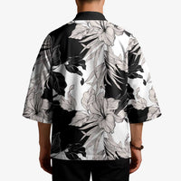 Black White Monotone Tropical Flowers Pattern Kimono - Polynesian Pride