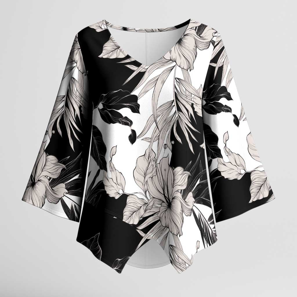 Black White Monotone Tropical Flowers Pattern Kimono Sleeve Blouse LT01 Female Black - Polynesian Pride