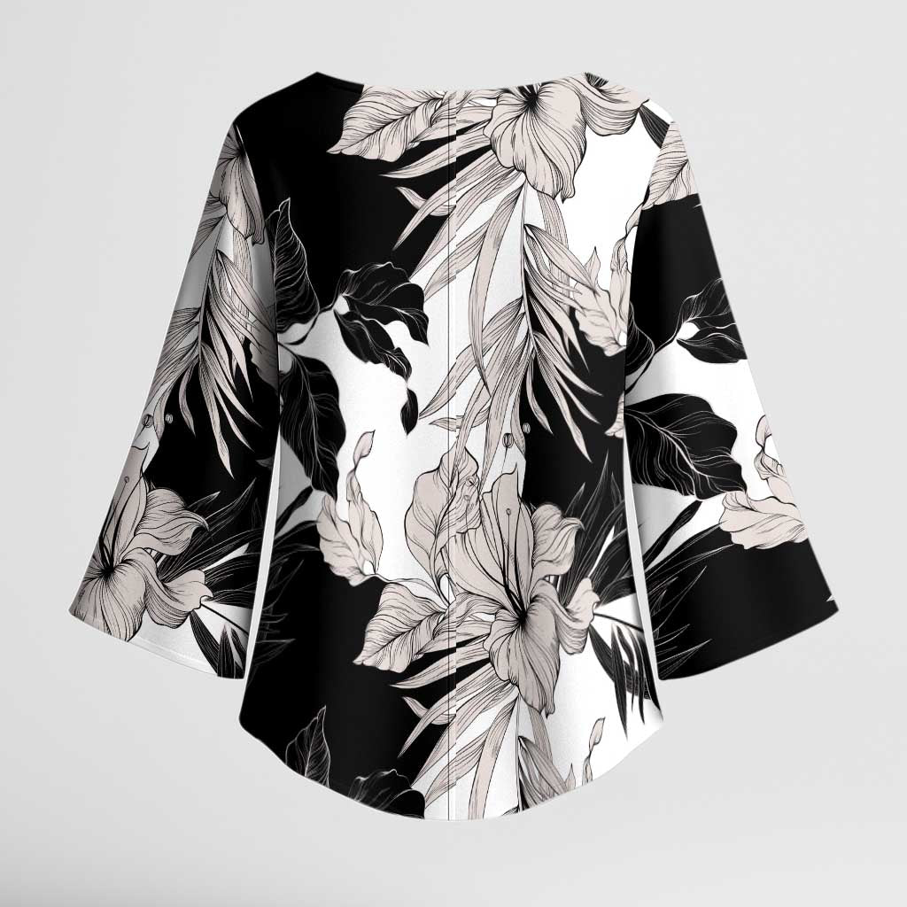 Black White Monotone Tropical Flowers Pattern Kimono Sleeve Blouse LT01 - Polynesian Pride