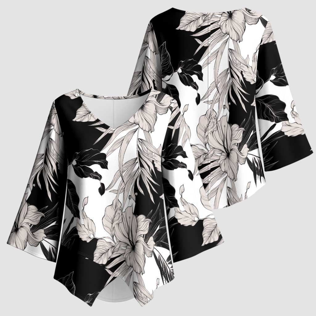 Black White Monotone Tropical Flowers Pattern Kimono Sleeve Blouse LT01 - Polynesian Pride