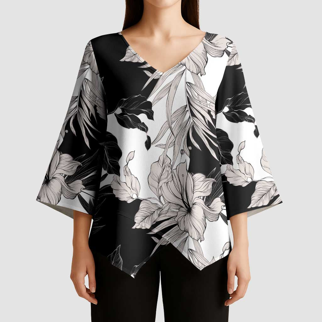 Black White Monotone Tropical Flowers Pattern Kimono Sleeve Blouse LT01 - Polynesian Pride