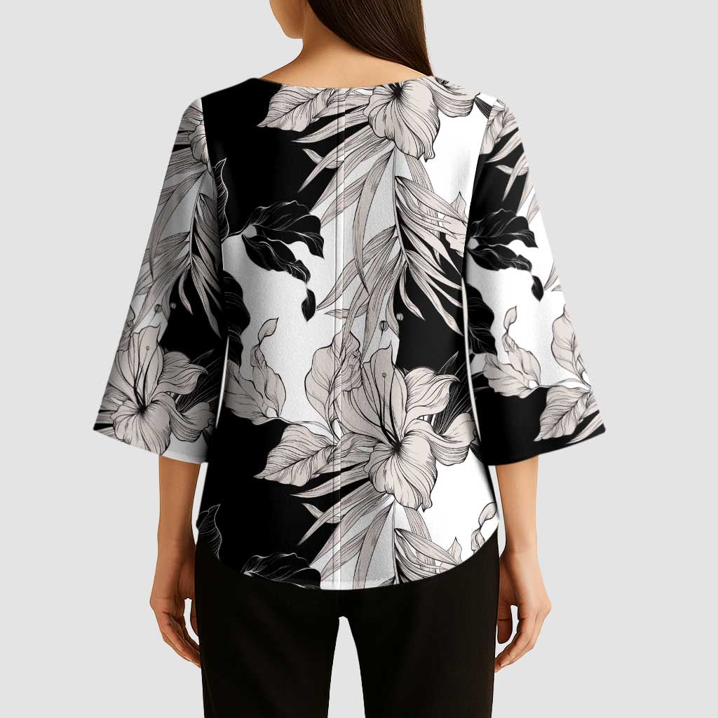 Black White Monotone Tropical Flowers Pattern Kimono Sleeve Blouse LT01 - Polynesian Pride