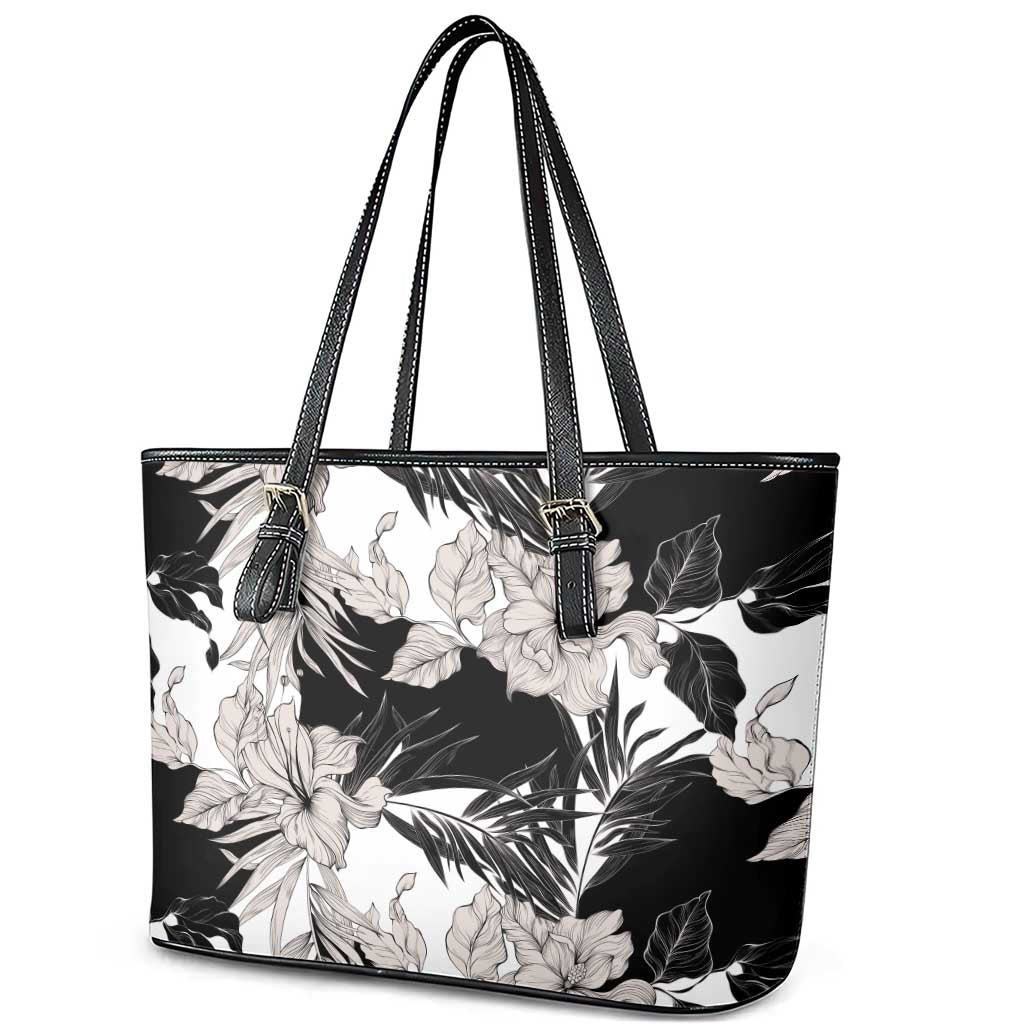 Black White Monotone Tropical Flowers Pattern Leather Tote Bag - Polynesian Pride