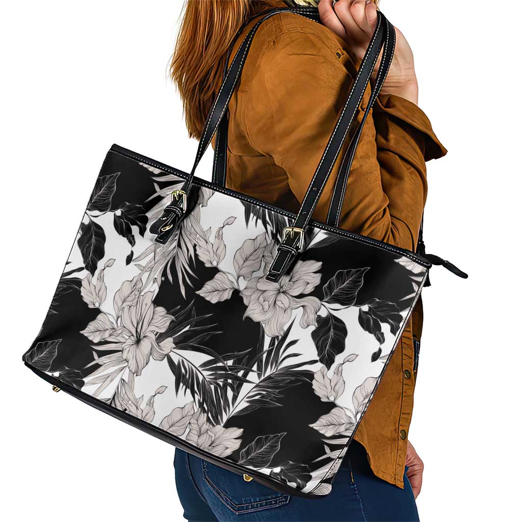 Black White Monotone Tropical Flowers Pattern Leather Tote Bag - Polynesian Pride