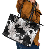 Black White Monotone Tropical Flowers Pattern Leather Tote Bag - Polynesian Pride