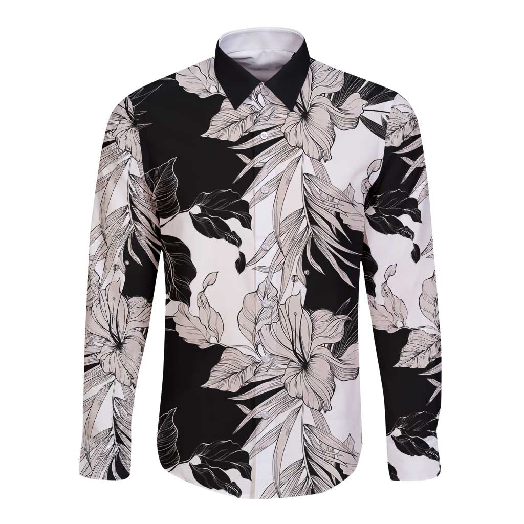 Black White Monotone Tropical Flowers Pattern Long Sleeve Button Shirt LT01 Unisex Black - Polynesian Pride