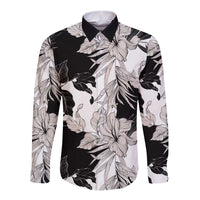 Black White Monotone Tropical Flowers Pattern Long Sleeve Button Shirt LT01 Unisex Black - Polynesian Pride