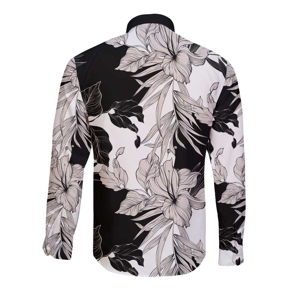 Black White Monotone Tropical Flowers Pattern Long Sleeve Button Shirt LT01 - Polynesian Pride