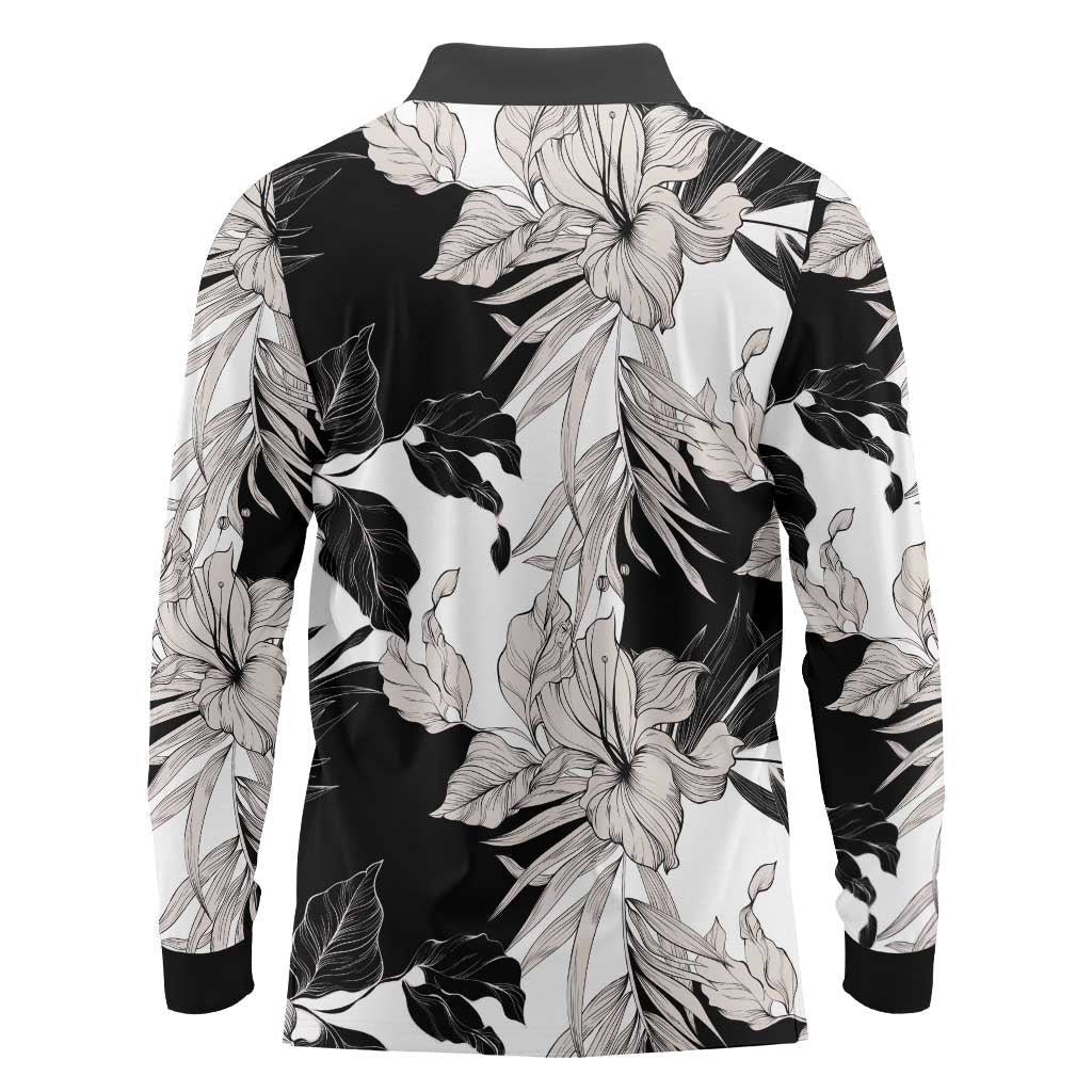 Black White Monotone Tropical Flowers Pattern Long Sleeve Polo Shirt LT01 - Polynesian Pride