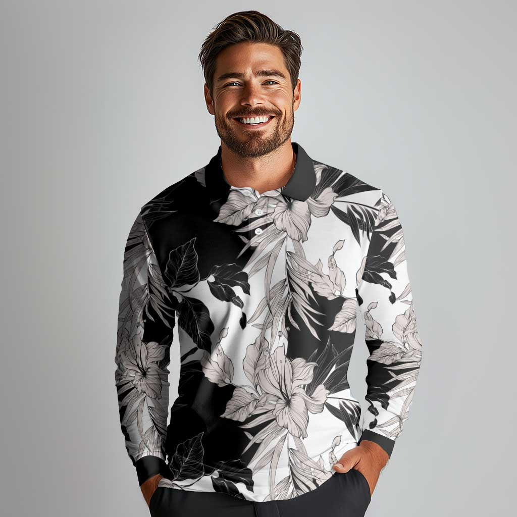 Black White Monotone Tropical Flowers Pattern Long Sleeve Polo Shirt LT01 - Polynesian Pride