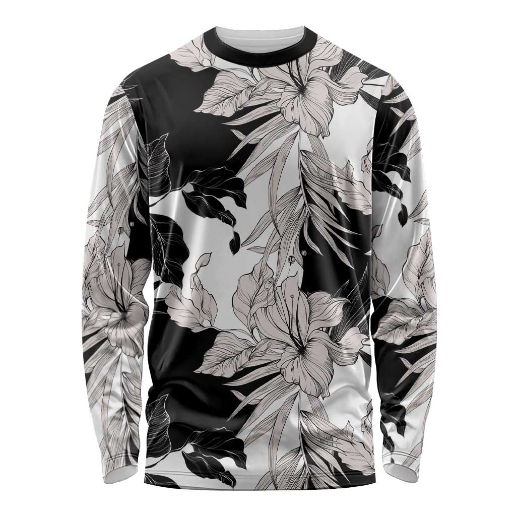 Black White Monotone Tropical Flowers Pattern Long Sleeve Shirt LT01 Unisex Black - Polynesian Pride