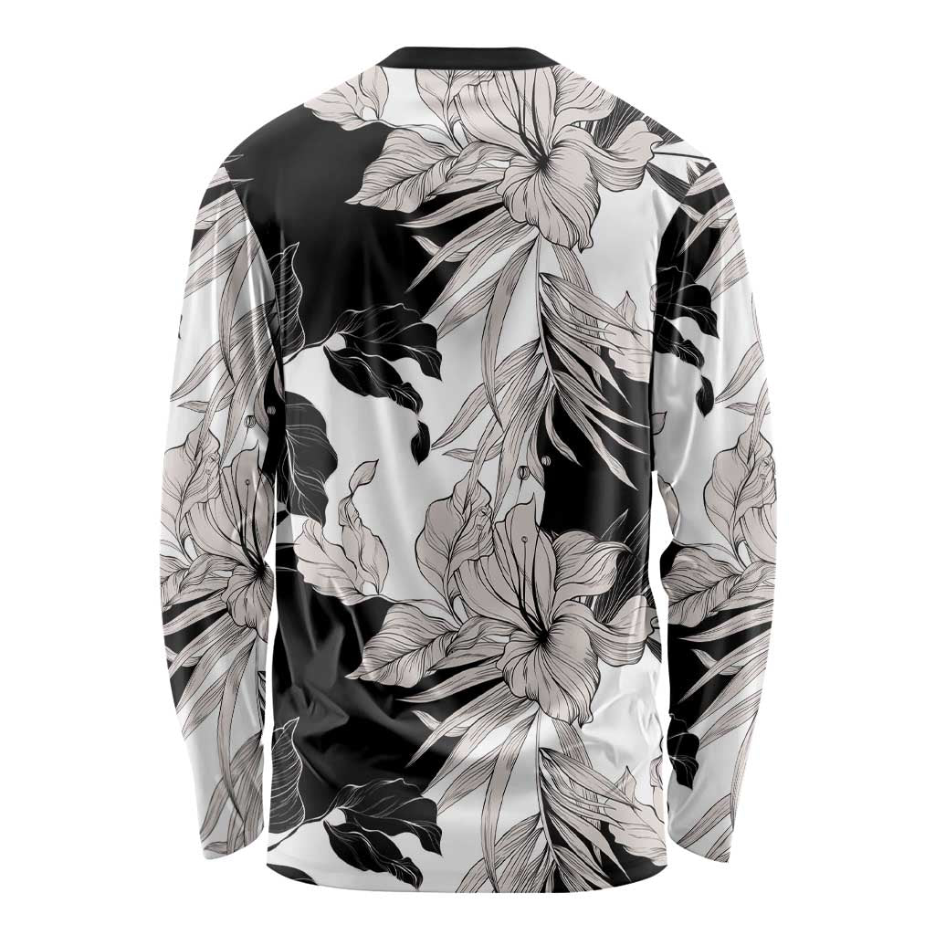 Black White Monotone Tropical Flowers Pattern Long Sleeve Shirt LT01 - Polynesian Pride