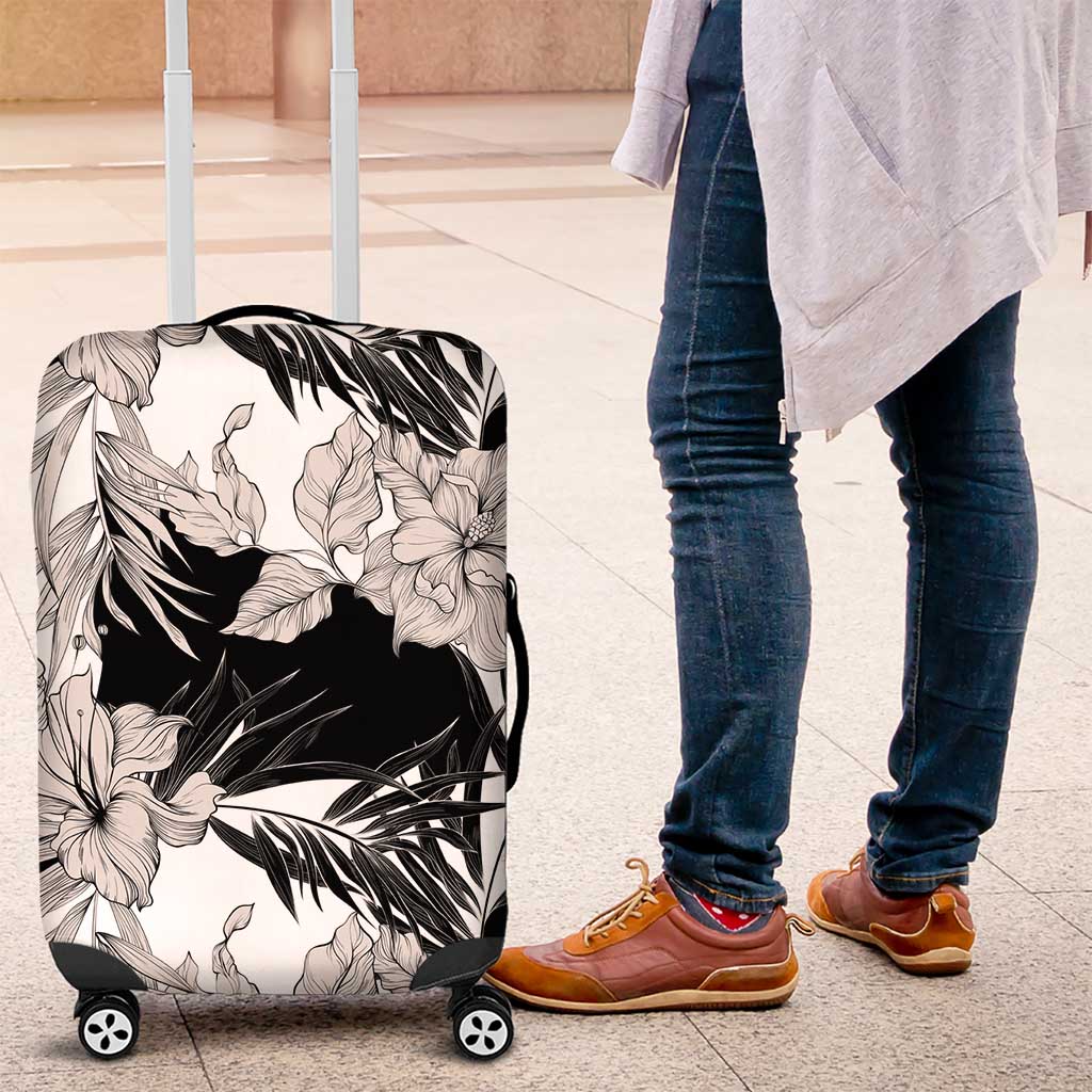 Black White Monotone Tropical Flowers Pattern Luggage Cover - Polynesian Pride