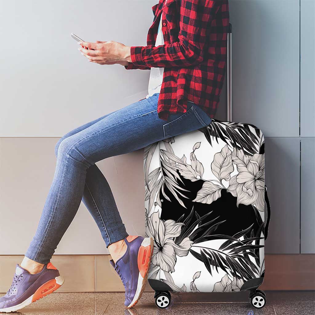 Black White Monotone Tropical Flowers Pattern Luggage Cover - Polynesian Pride