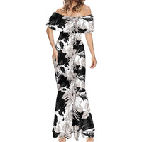 Black White Monotone Tropical Flowers Pattern Mermaid Dress - Polynesian Pride