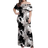 Black White Monotone Tropical Flowers Pattern Off Shoulder Maxi Dress - Polynesian Pride