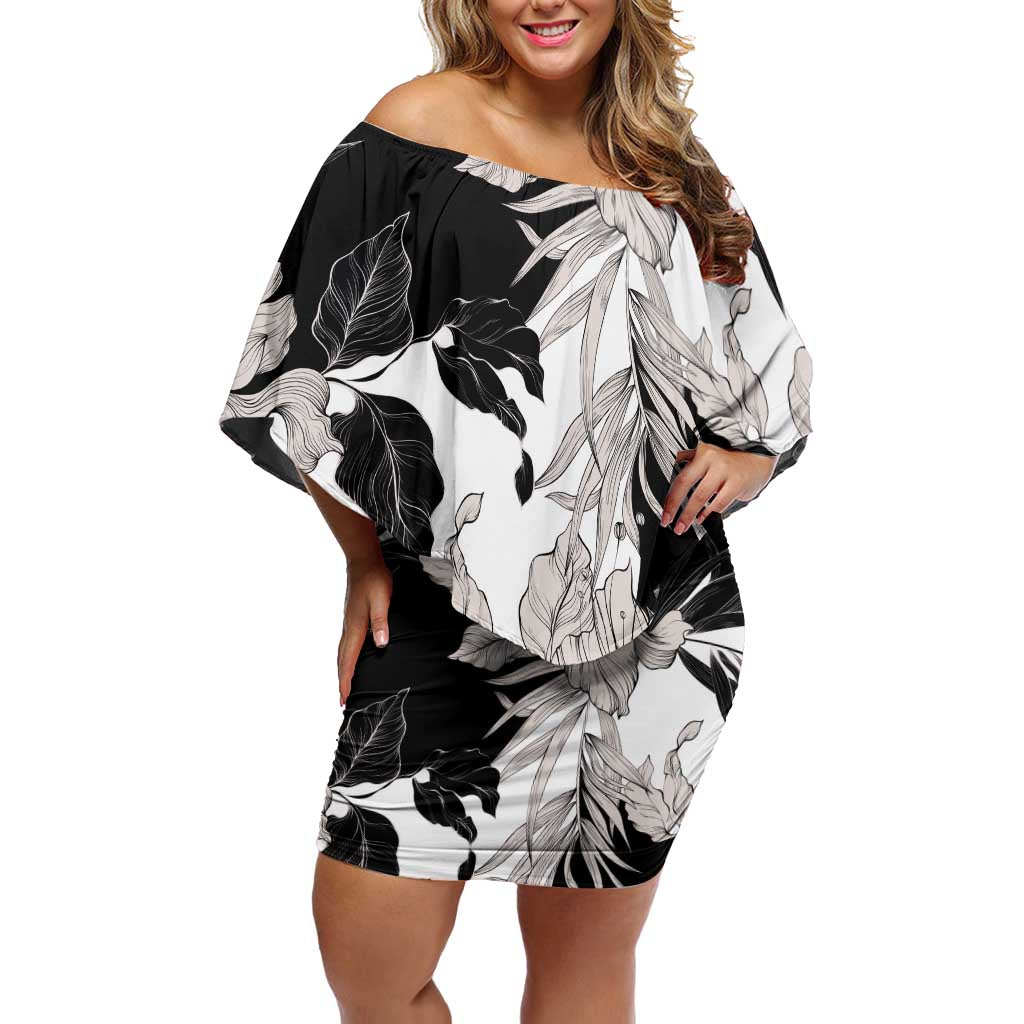 Black White Monotone Tropical Flowers Pattern Off Shoulder Short Dress - Polynesian Pride