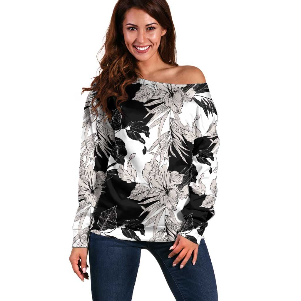 Black White Monotone Tropical Flowers Pattern Off Shoulder Sweater - Polynesian Pride