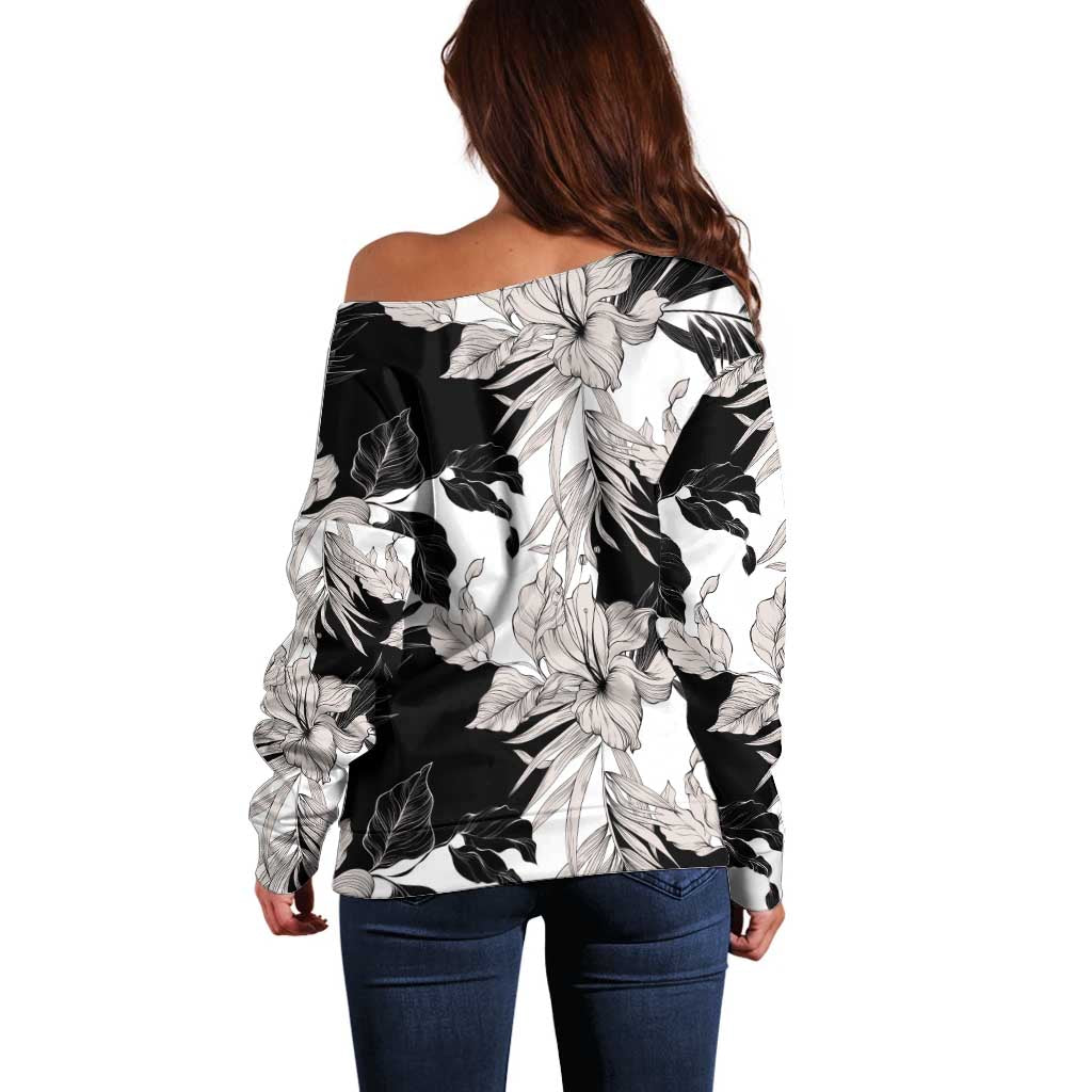 Black White Monotone Tropical Flowers Pattern Off Shoulder Sweater - Polynesian Pride