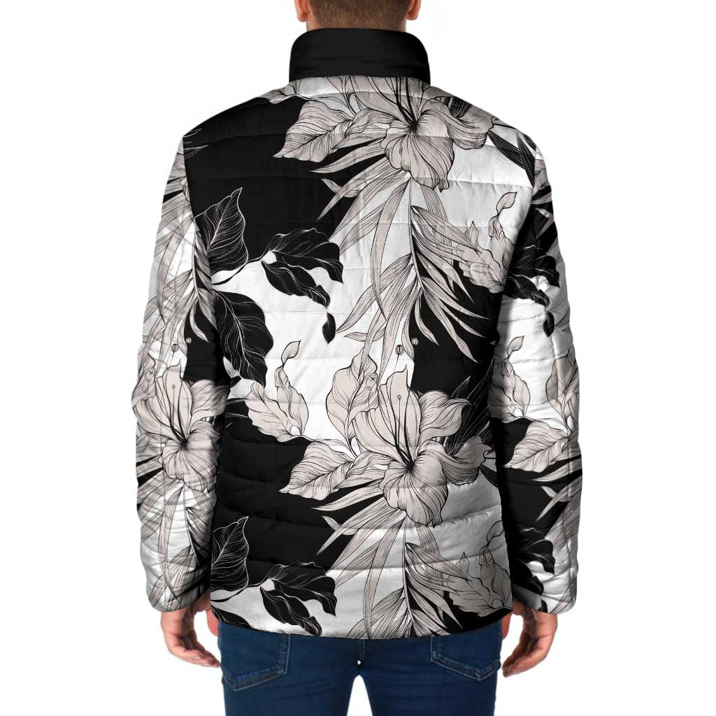 Black White Monotone Tropical Flowers Pattern Padded Jacket LT01 - Polynesian Pride