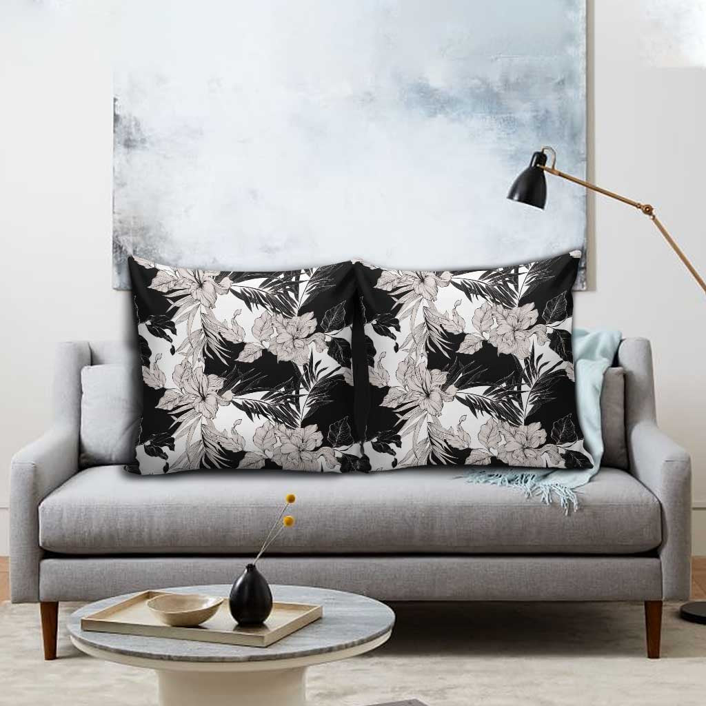 Black White Monotone Tropical Flowers Pattern Pillow Cover - Polynesian Pride