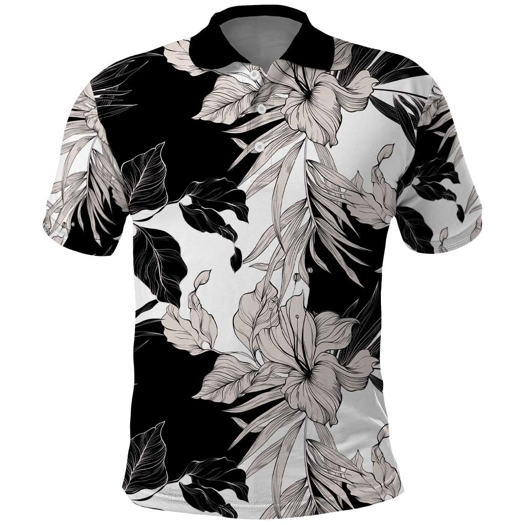 Black White Monotone Tropical Flowers Pattern Polo Shirt - Polynesian Pride