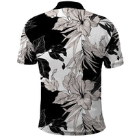 Black White Monotone Tropical Flowers Pattern Polo Shirt - Polynesian Pride