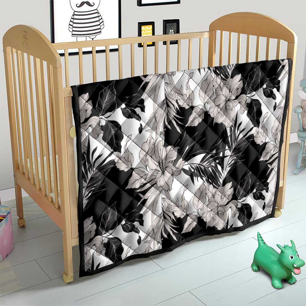 Black White Monotone Tropical Flowers Pattern Quilt - Polynesian Pride