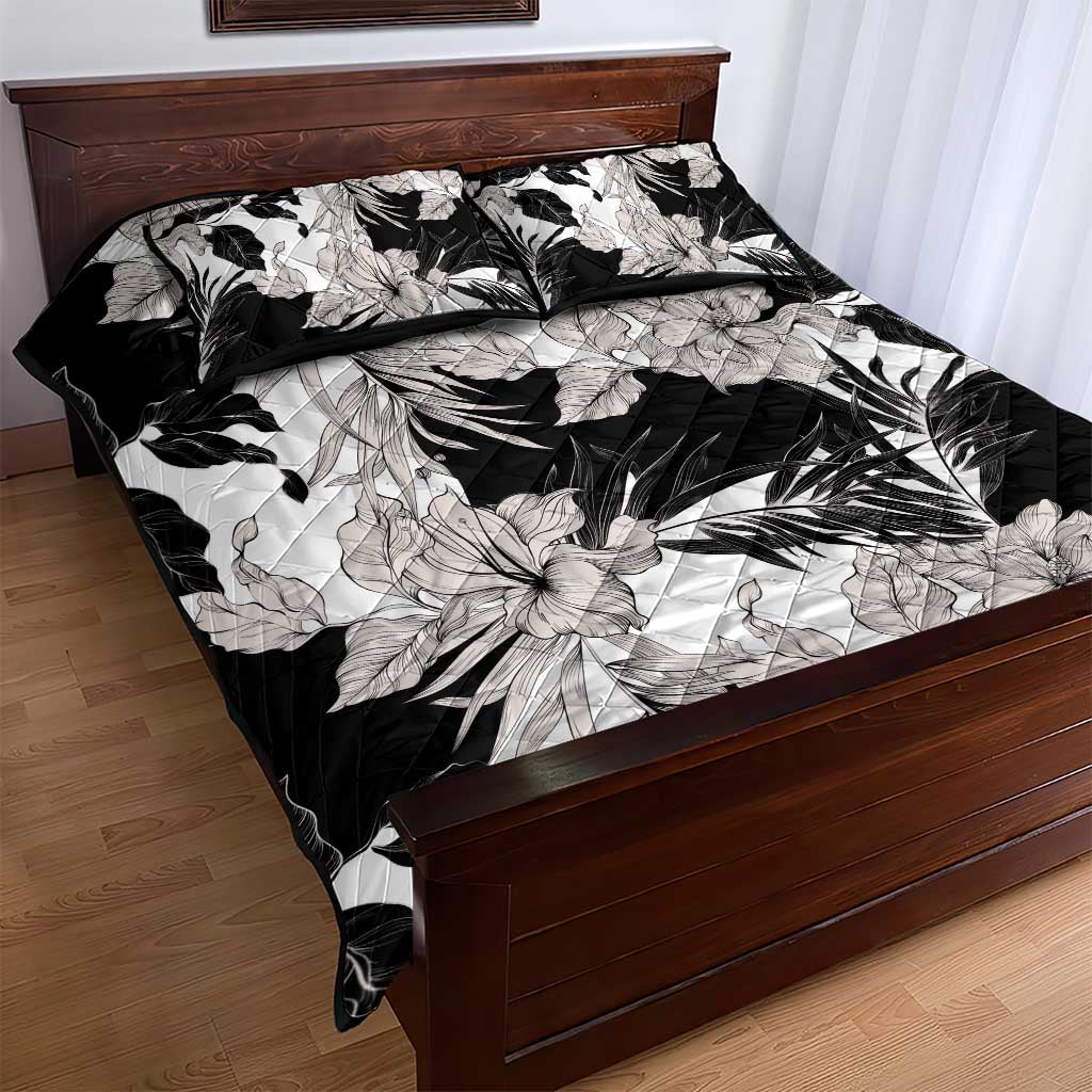 Black White Monotone Tropical Flowers Pattern Quilt Bed Set - Polynesian Pride