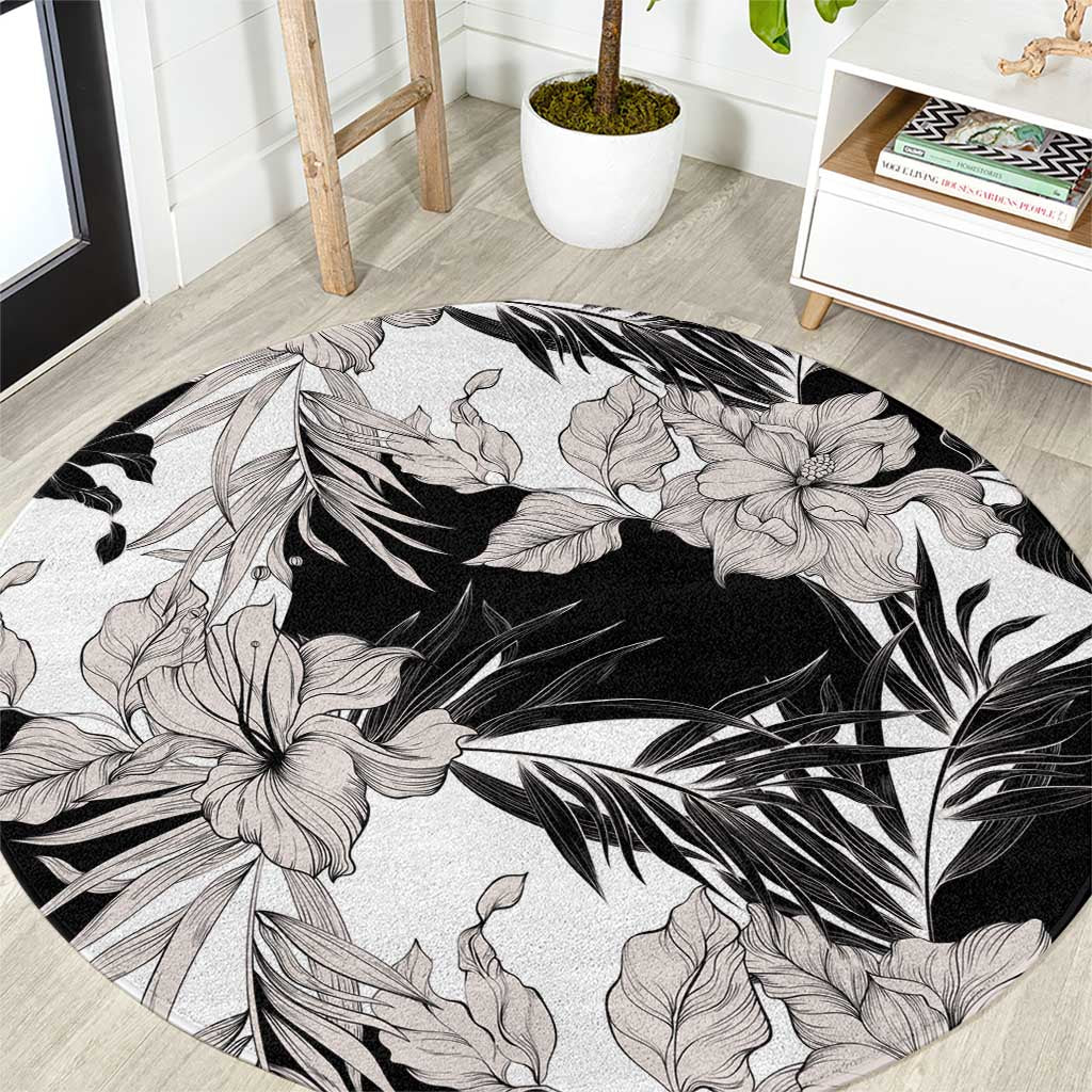Black White Monotone Tropical Flowers Pattern Round Carpet - Polynesian Pride