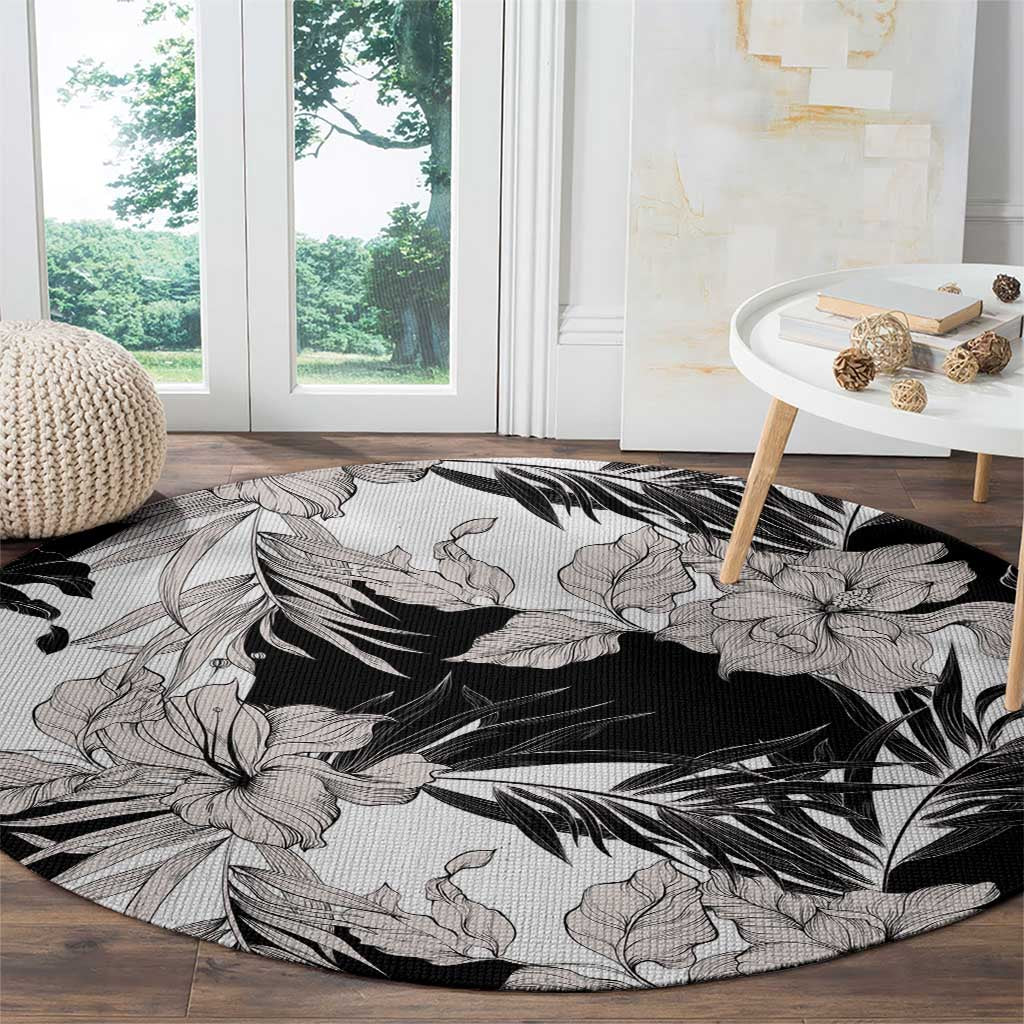 Black White Monotone Tropical Flowers Pattern Round Carpet - Polynesian Pride