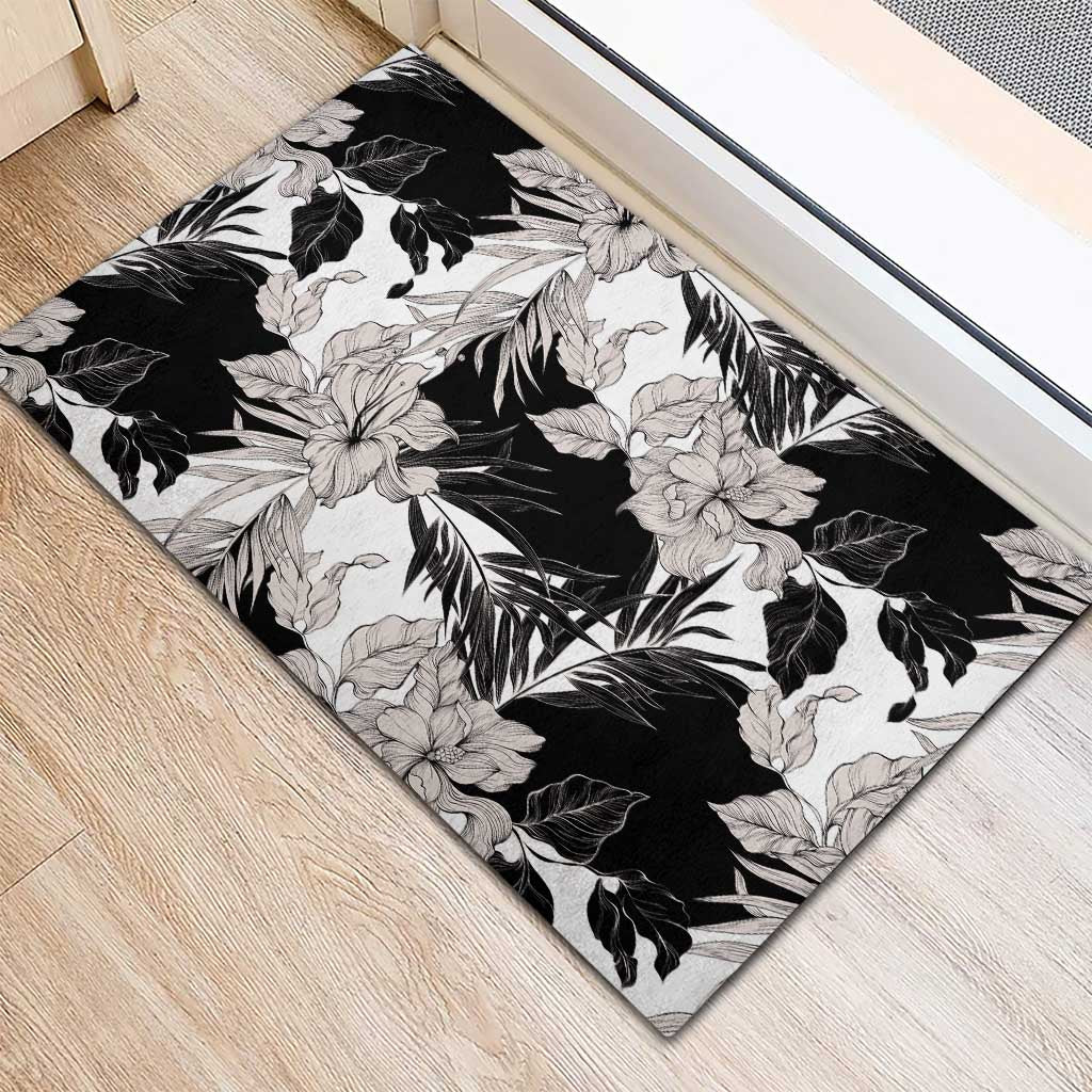Black White Monotone Tropical Flowers Pattern Rubber Doormat LT01 - Polynesian Pride