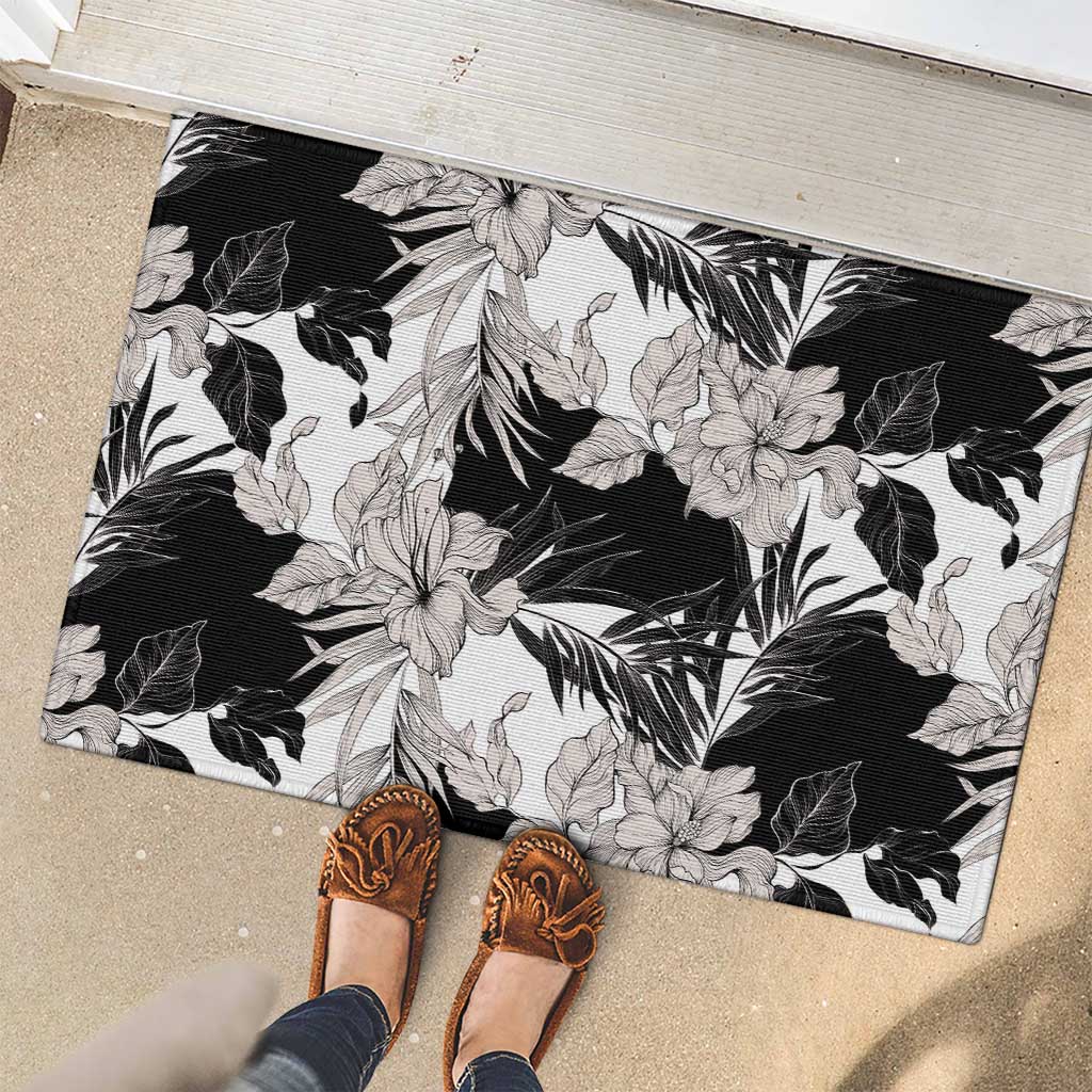 Black White Monotone Tropical Flowers Pattern Rubber Doormat LT01 - Polynesian Pride