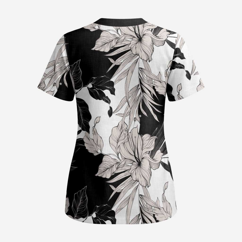 Black White Monotone Tropical Flowers Pattern Scrub Top LT01 - Polynesian Pride