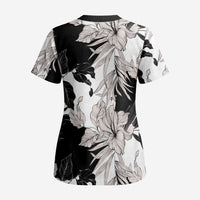 Black White Monotone Tropical Flowers Pattern Scrub Top LT01 - Polynesian Pride