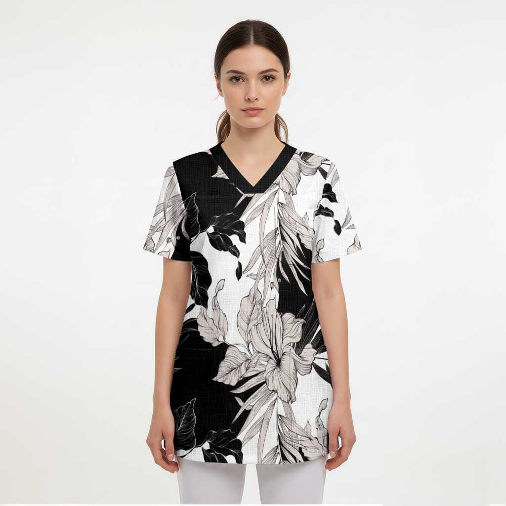 Black White Monotone Tropical Flowers Pattern Scrub Top LT01 - Polynesian Pride