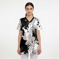 Black White Monotone Tropical Flowers Pattern Scrub Top LT01 - Polynesian Pride