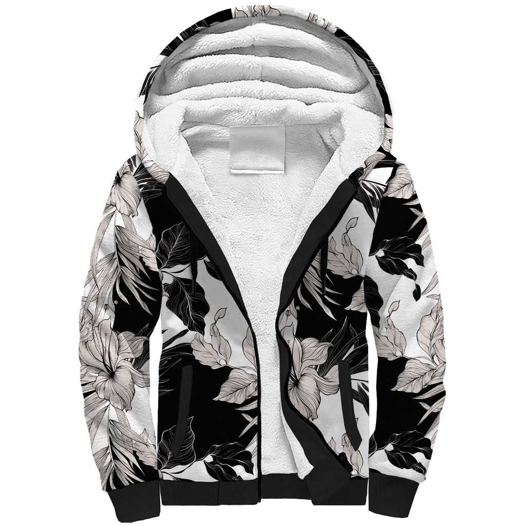 Black White Monotone Tropical Flowers Pattern Sherpa Hoodie LT01 Unisex Black - Polynesian Pride