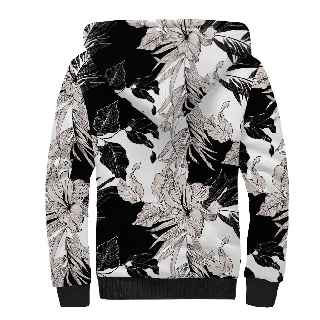 Black White Monotone Tropical Flowers Pattern Sherpa Hoodie LT01 - Polynesian Pride