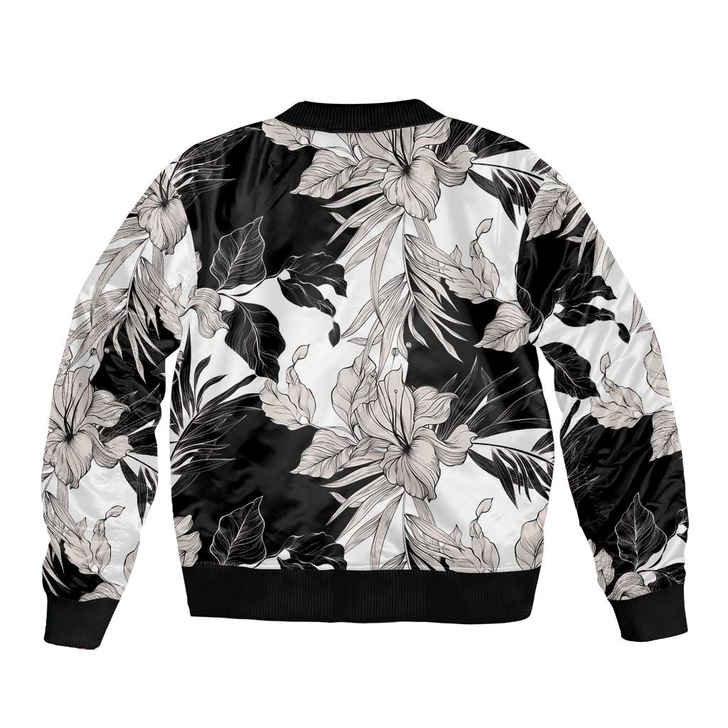 Black White Monotone Tropical Flowers Pattern Sleeve Zip Bomber Jacket - Polynesian Pride