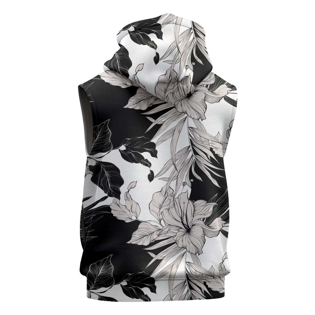 Black White Monotone Tropical Flowers Pattern Sleeveless Hoodie LT01 - Polynesian Pride