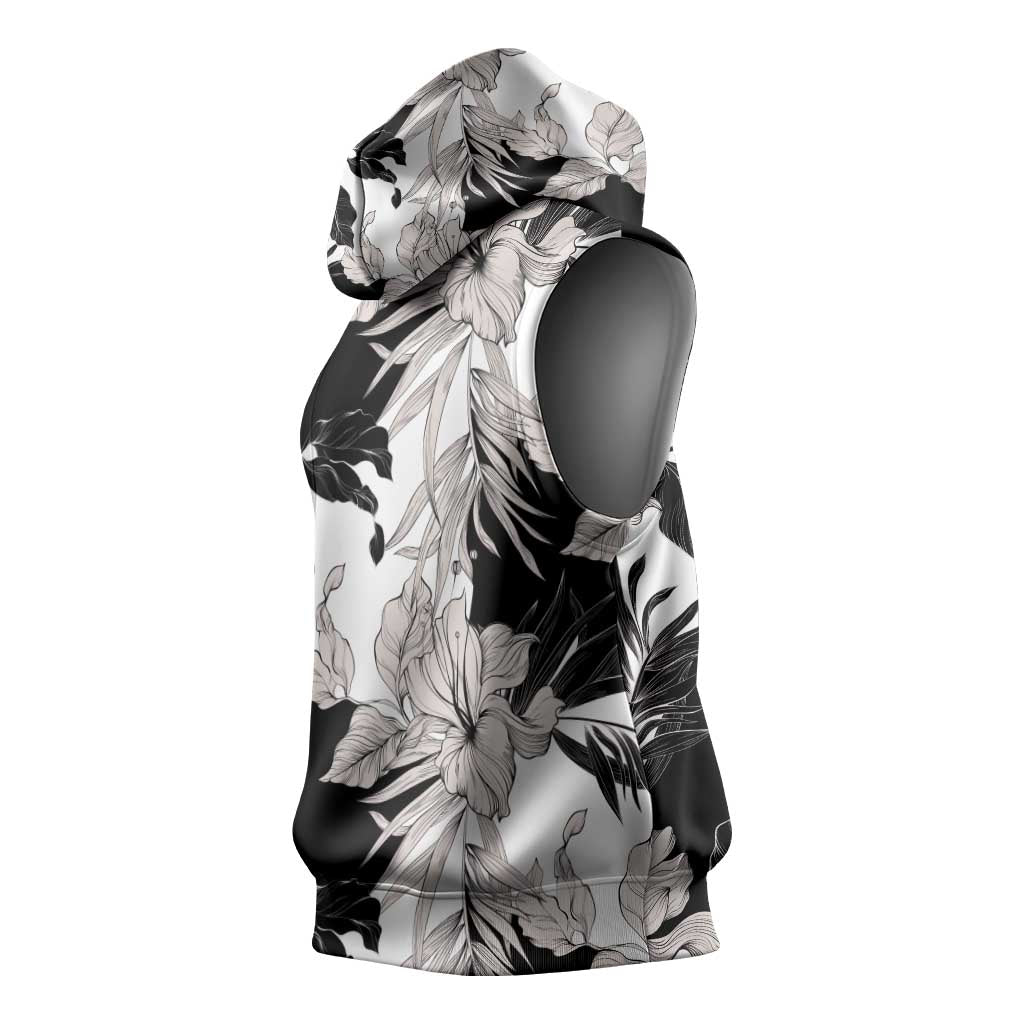 Black White Monotone Tropical Flowers Pattern Sleeveless Hoodie LT01 - Polynesian Pride