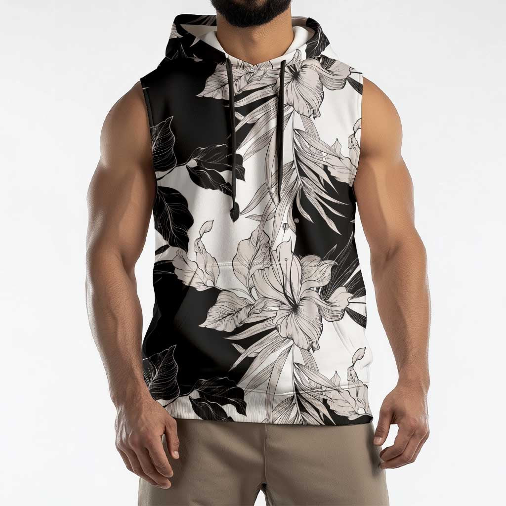 Black White Monotone Tropical Flowers Pattern Sleeveless Hoodie LT01 - Polynesian Pride