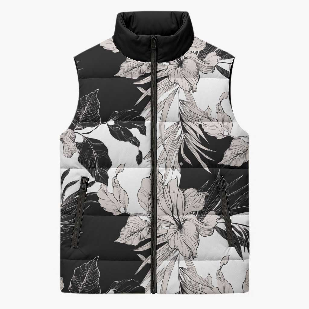 Black White Monotone Tropical Flowers Pattern Sleeveless Puffer Jacket LT01 Unisex Black - Polynesian Pride