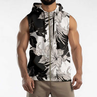 Black White Monotone Tropical Flowers Pattern Sleeveless Zip Hoodie - Polynesian Pride