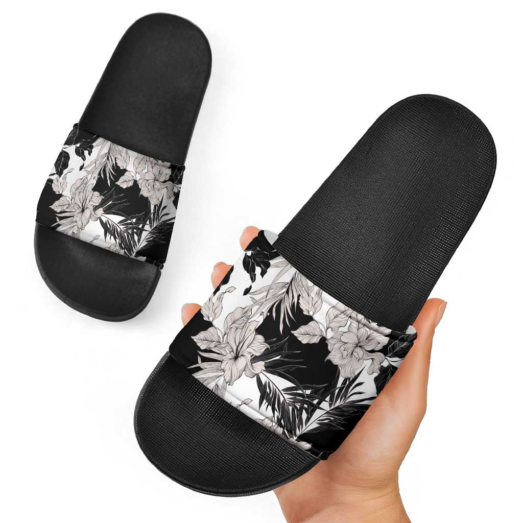 Black White Monotone Tropical Flowers Pattern Slide Sandals - Polynesian Pride