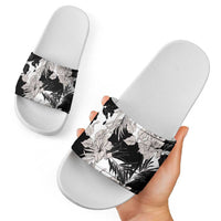 Black White Monotone Tropical Flowers Pattern Slide Sandals - Polynesian Pride