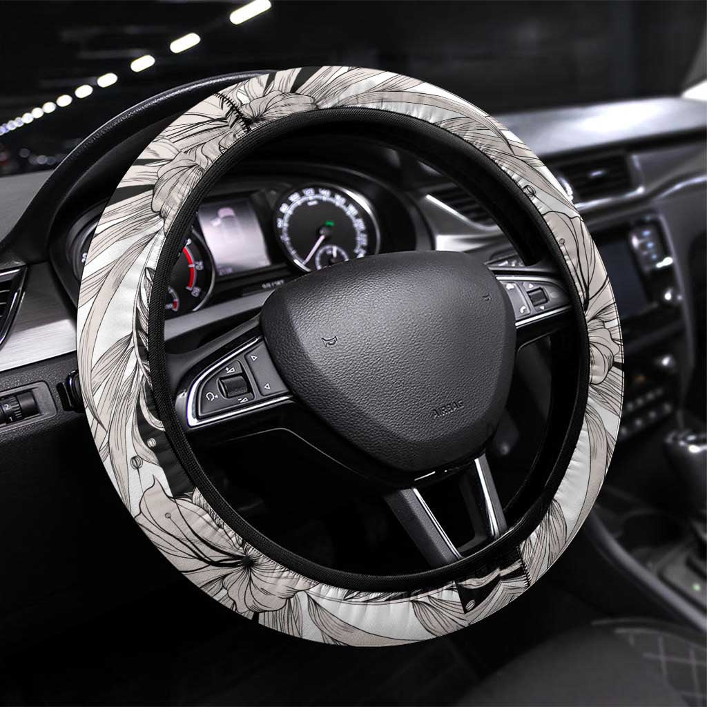 Black White Monotone Tropical Flowers Pattern Steering Wheel Cover LT01 Universal Fit Black - Polynesian Pride